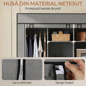 HOMCOM Dulap Textil Portabil in Material Nețesut și Oțel, cu Roți, 10 Compartimente și 2 Bare pentru Umerașe, Gri Închis | Aosom Romania