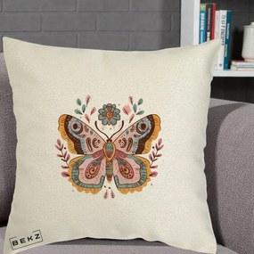 Perna Decorativa Fluture Boho Floral, 40x40 cm, Ecru, Husa Detasabila, Perna Inclusa, BEKZ®