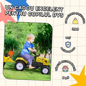 HOMCOM Tractor de Pedalat pentru Copii de 3+ Ani cu Remorcă, Greblă, Lopată și Claxon, 133x42x51 cm, Galben | Aosom Romania