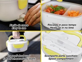 Cutie electrica pentru pranz Beper 90.920G, 40 W, 1 litru, Pana la 60°C, 2 compartimente detasabile, Indicator luminos, Alb/Galben