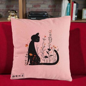 Perna Decorativa Pisica Neagra Flori Portocalii Silueta, 40x40 cm, Roz, Husa Detasabila, Perna Inclusa, BEKZ®