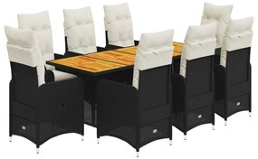 3276986 vidaXL Set bistro de grădină, 9 piese, cu perne, negru, poliratan