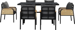 Set modern de masă pentru grădină și terasă, 6 piese, cu cadru din fier în formă de cruce, Negru+Culoare naturală