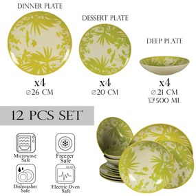 Set 12 Piese Summer 77 Verde: 4 Farfurii Intinse 26cm, 4 Farfurii Desert 20cm  4 Boluri 21cm 500ml