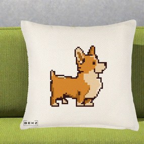 Perna Personalizata Corgi Pixel Art, 40x40 cm, Crem Reliefat, Husa Detasabila, Perna Inclusa, BEKZ®