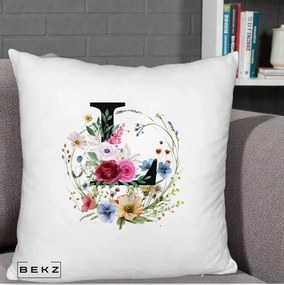 Cadou Personalizat - Perna Personalizata Monogram Litera L cu Flori Acuarela, 40x40 cm, Alb Pufos, Husa Detasabila, Perna Inclusa, BEKZ®