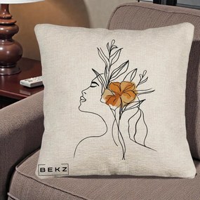 Perna Decorativa Portret Feminin Floare Portocalie Lateral, 40x40 cm, Bej Canapea, Husa Detasabila, Perna Inclusa, BEKZ®