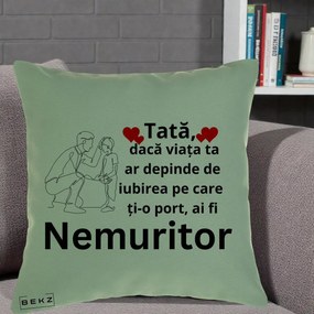 Cadou pentru Tata - Perna Personalizata Tata Nemuritor Baietel, 40x40 cm, Verde, Husa Detasabila, Perna Inclusa, BEKZ®
