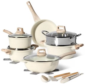 Set oale si tigai Just Perfecto JL-779, 15 piese, Finisaj marmura, Inductie, Oala cu aburi, Accesorii, Bej