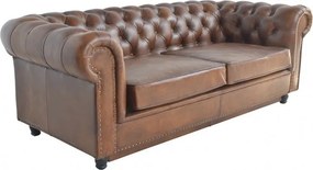 Canapea Chesterfield extensibilă 3 locuri din piele naturală cognac, cu ținte decorative și picioare strunjite, 102 x 220 x 102 cm, „Hargreaves”