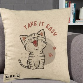 Perna Personalizata Take It Easy Cat, 40x40 cm, Bej, Husa Detasabila, Perna Inclusa, BEKZ®