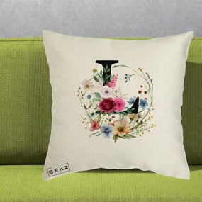 Cadou Personalizat - Perna Personalizata Monogram Litera L cu Flori Acuarela, 40x40 cm, Ecru, Husa Detasabila, Perna Inclusa, BEKZ®