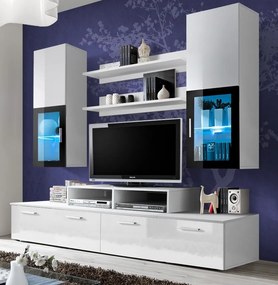 Mobilier living  sufragerie moderna, 200 cm lungime, alb lucios alb,  mdf, led, vitrina neagra, Bortis