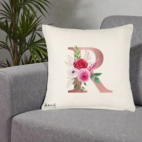 Cadou Personalizat - Perna Personalizata Monograma Rose Gold Litera R, 40x40 cm, Crem Reliefat, Husa Detasabila, Perna Inclusa, BEKZ®