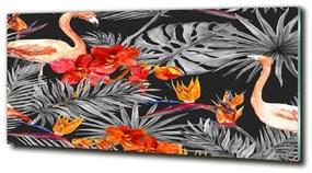Tablou sticlă Flamingos și flori