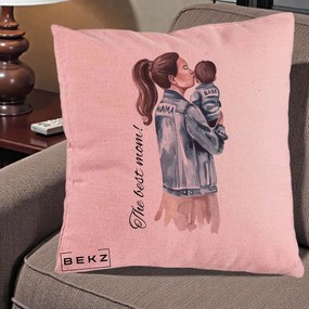 Cadou pentru Mama - Perna Personalizata The Best Mom Jachete, 40x40 cm, Roz, Husa Detasabila, Perna Inclusa, BEKZ®