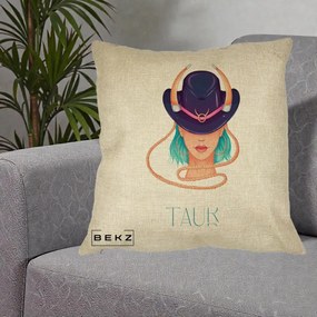 Perna Personalizata Zodie Taur, 40x40 cm, Crem, Husa Detasabila, Perna Inclusa, BEKZ®