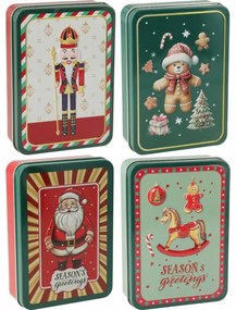 Set de 4 cutii metalice de Crăciun 13,4 × 9,5 ×3,7 cm