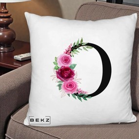 Cadou Personalizat - Perna Personalizata Monograma Florala Litera O, 40x40 cm, Alb Pufos, Husa Detasabila, Perna Inclusa, BEKZ®