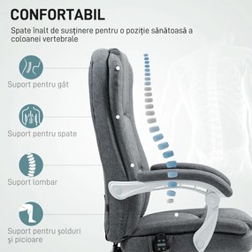 HOMCOM Scaun de Birou Masaj cu 6 Puncte, Încălzire și Suport pentru Picioare, Scaun Ergonomic Rabatabil Rotativ din Stofă Tip In Respirabil cu Telecomandă și Înălțime Reglabilă, Gri | Aosom Romania