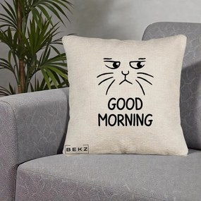 Perna Decorativa Pisica Morocanoasa Good Morning, 40x40 cm, Bej Canapea, Husa Detasabila, Perna Inclusa, BEKZ®