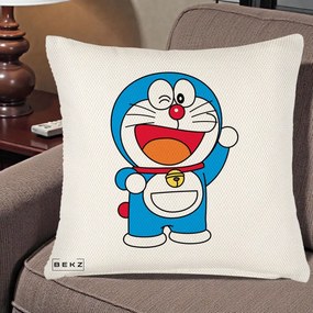 Perna Personalizata Doraemon Salutand, 40x40 cm, Crem Reliefat, Husa Detasabila, Perna Inclusa, BEKZ®
