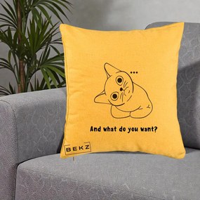 Perna Decorativa And What Do You Want Cat, 40x40 cm, Galben, Husa Detasabila, Perna Inclusa, BEKZ®
