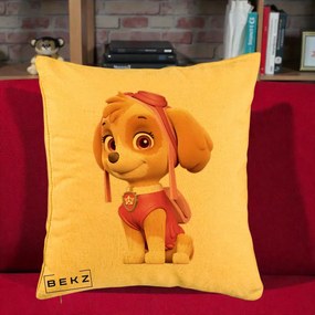Perna Personalizata Skye PAW Patrol Roz, 40x40 cm, Galben, Husa Detasabila, Perna Inclusa, BEKZ®
