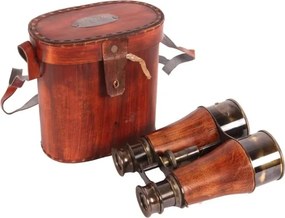 Binoclu marin decorativ din alamă și piele, maro, cu toc din piele, aspect vintage, finisaj antichizat, 14 x 14 x 8 cm, „Capitaine”