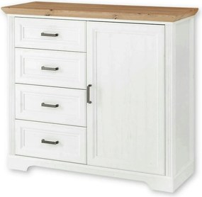 Comoda JASMIN, alb/stejar artisan, PAL, cu o usa si 4 sertare, 115x41x