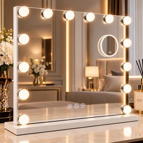 Oglindă cosmetică, 14 becuri LED, sistem iluminare LED cu 3 culori, Luminozitate reglabilă, Senzor Tactil, Port încărcare USB, Oglindă de mărire 10X, Alb, 80x65 cm