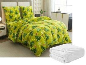 Set lenjerie cocolino CHRISTMAS TREE verde + cearsaf Cocolino microplus SOFT 180x200 cm alb, pat dublu