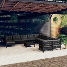 3097065 vidaXL Set mobilier grădină cu perne, 12 piese, negru, lemn de pin