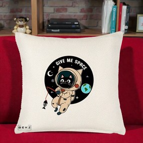 Perna Decorativa Give Me Space Pisica Astronaut, 40x40 cm, Crem Reliefat, Husa Detasabila, Perna Inclusa, BEKZ®