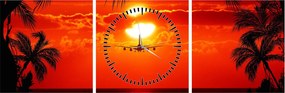 Tablou - apus de soare cu avion (cu ceas) (90x30 cm)