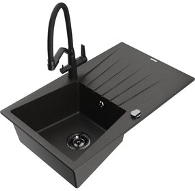 Mexen Cesar chiuvetă granit 1-cameră cu scurgător și baterie de bucătărie Duo, negru/auriu metalizat - 6514-75-671701-70-B