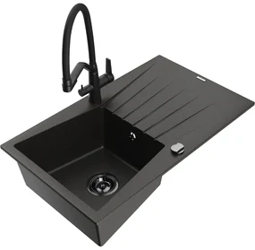 Mexen Cesar chiuvetă granit 1-cameră cu scurgător și baterie de bucătărie Duo, negru/auriu metalizat - 6514-75-671701-70-B