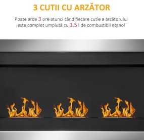 HomCom Șemineu cu Bioetanol pentru Perete cu 3 Arzătoare din Inox 1.5LT 110 x 63 x 16cm