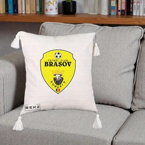 Perna Personalizata FC Brasov Fotbal Romania, 40x40 cm, Bej cu Franjuri, Husa Detasabila, Perna Inclusa, BEKZ®