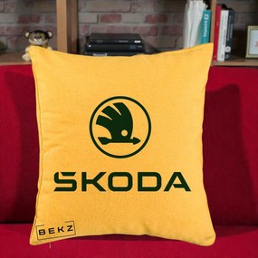 Perna Personalizata cu emblema Skoda, 40x40 cm, Galben, Husa Detasabila, Perna Inclusa, BEKZ®