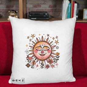 Perna Decorativa Soare Retro Boho Floral, 40x40 cm, Alb Pufos, Husa Detasabila, Perna Inclusa, BEKZ®