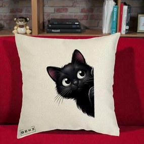 Perna Decorativa Pisica Neagra Dragalasa Curioasa, 40x40 cm, Ecru, Husa Detasabila, Perna Inclusa, BEKZ®