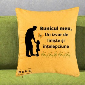 Cadou pentru Bunic - Perna Personalizata Bunicul Meu Izvor de Liniste cu Fluture si Fetita, 40x40 cm, Galben, Husa Detasabila, Perna Inclusa, BEKZ®