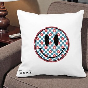 Perna Decorativa Smiley Face Checkered cu Floricele, 40x40 cm, Alba Mata, Husa Detasabila, Perna Inclusa, BEKZ®