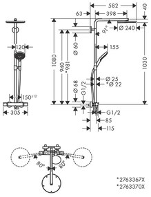 Coloană de duș, Hansgrohe, Raindance Select S, cu baterie termostatată, negru cromat periat, 27633340