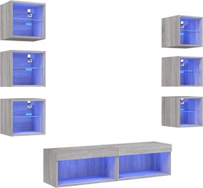 vidaXL Unități de perete TV cu LED-uri, 8 piese, gri sonoma, lemn