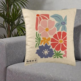 Perna Decorativa Flori Grafice Roz-Rosu-Albastru, 40x40 cm, Bej, Husa Detasabila, Perna Inclusa, BEKZ®