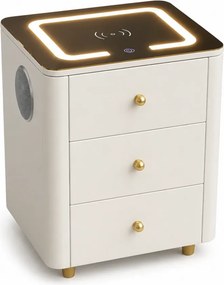 RESIGILAT- Noptieră inteligentă multifuncțională, 3 sertare, LED-uri tactile, 3 tipuri de culoare, încărcare fără fir, Difuzor Bluetooth, sticla securizata, Alb