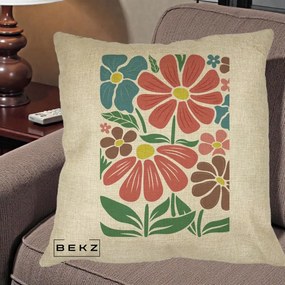 Perna Decorativa Flori Grafice Colorate Retro, 40x40 cm, Crem, Husa Detasabila, Perna Inclusa, BEKZ®