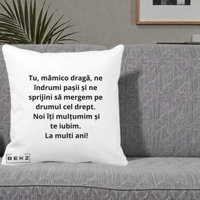 Cadou pentru Mama - Perna Personalizata Mamico Draga Te Iubim La Multi Ani cu Text Negru, 40x40 cm, Alba Mata, Husa Detasabila, Perna Inclusa, BEKZ®